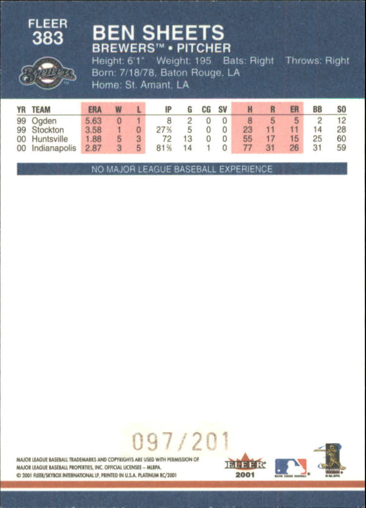 2001 Fleer Platinum Parallel #383 Ben Sheets back image