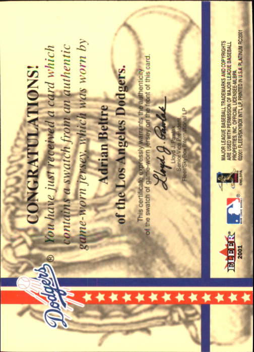 2001 Fleer Platinum National Patch Time #4 Adrian Beltre S2 back image