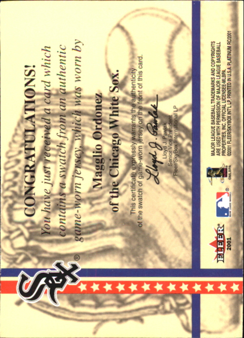 2001 Fleer Platinum National Patch Time #41 Magglio Ordonez Gray SP S2 back image
