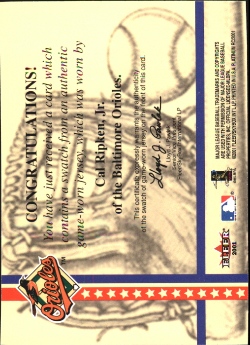 2001 Fleer Platinum National Patch Time #45 Cal Ripken Black S1 back image