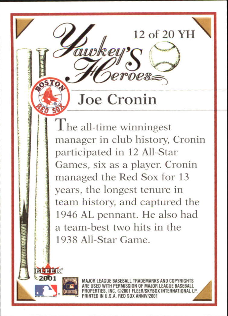 2001 Fleer Red Sox 100th Yawkey's Heroes #YH12 Joe Cronin back image