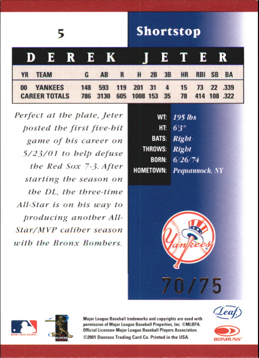 2001 Leaf Certified Materials Mirror Red #5 Derek Jeter back image