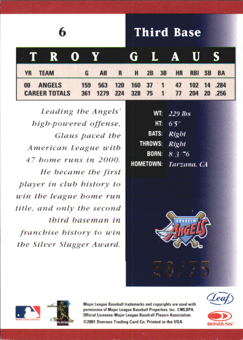 2001 Leaf Certified Materials Mirror Red #6 Troy Glaus back image