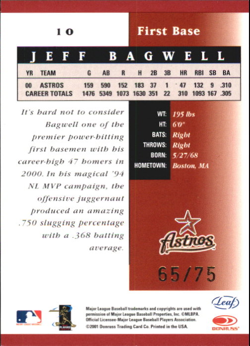 2001 Leaf Certified Materials Mirror Red #10 Jeff Bagwell back image
