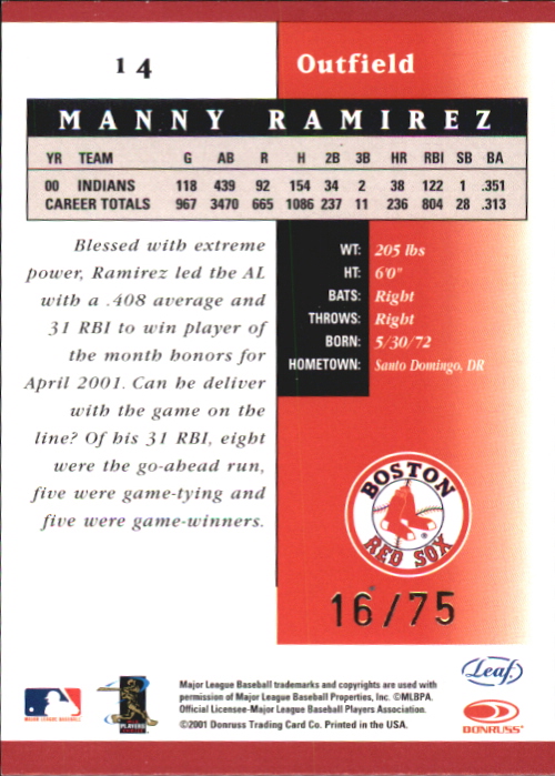 2001 Leaf Certified Materials Mirror Red #14 Manny Ramirez Sox back image