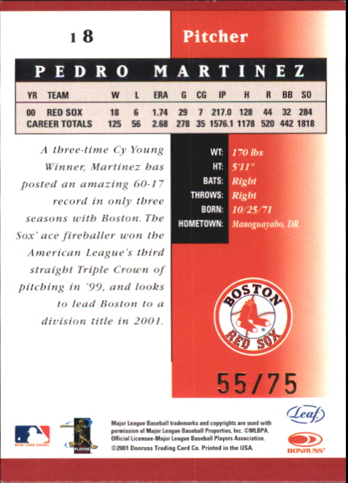 2001 Leaf Certified Materials Mirror Red #18 Pedro Martinez back image