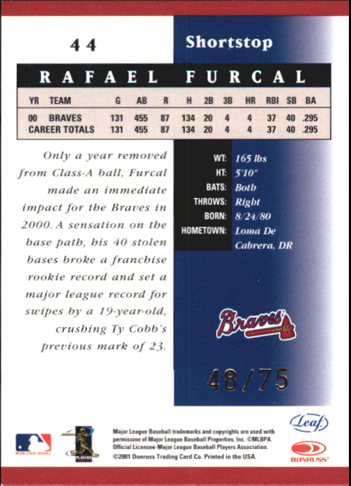 2001 Leaf Certified Materials Mirror Red #44 Rafael Furcal back image