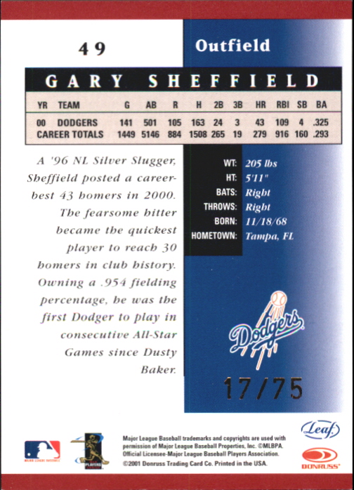 2001 Leaf Certified Materials Mirror Red #49 Gary Sheffield back image