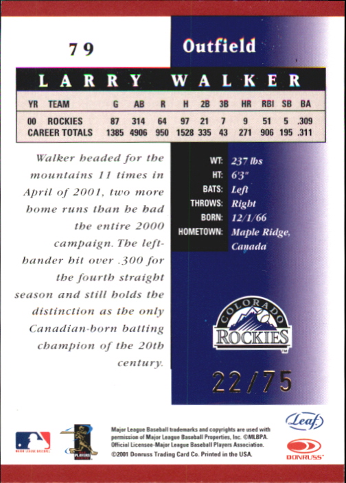 2001 Leaf Certified Materials Mirror Red #79 Larry Walker back image
