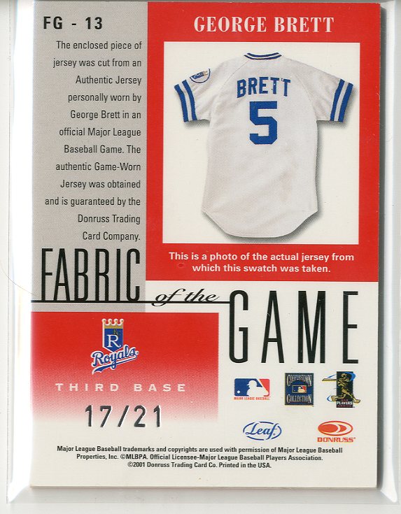 2001 Leaf Certified Materials Fabric of the Game #13BA George Brett SP back image