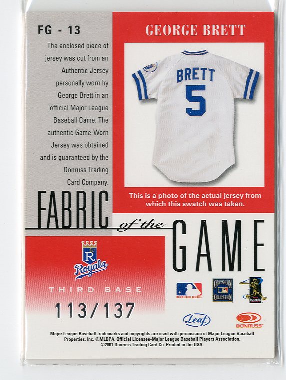 2001 Leaf Certified Materials Fabric of the Game #13CR George Brett/137 back image