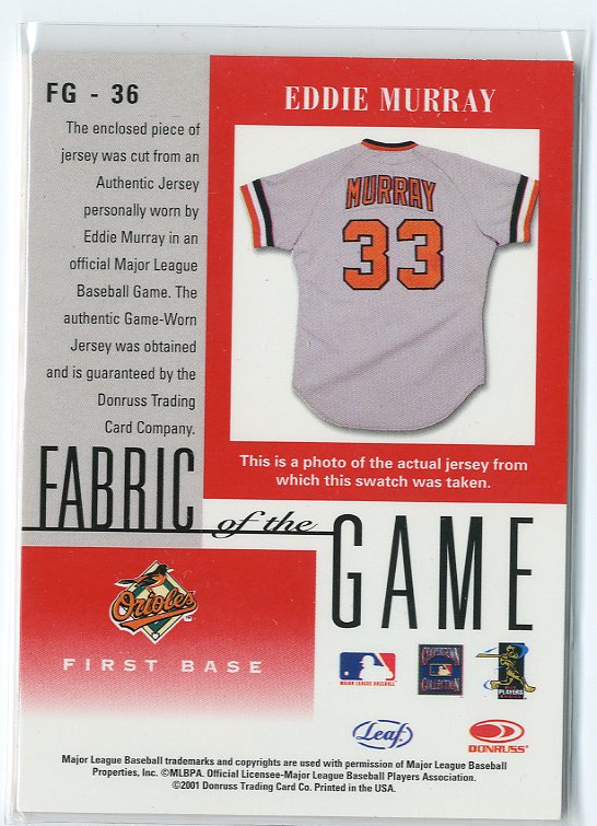 2001 Leaf Certified Materials Fabric of the Game #36BA Eddie Murray back image
