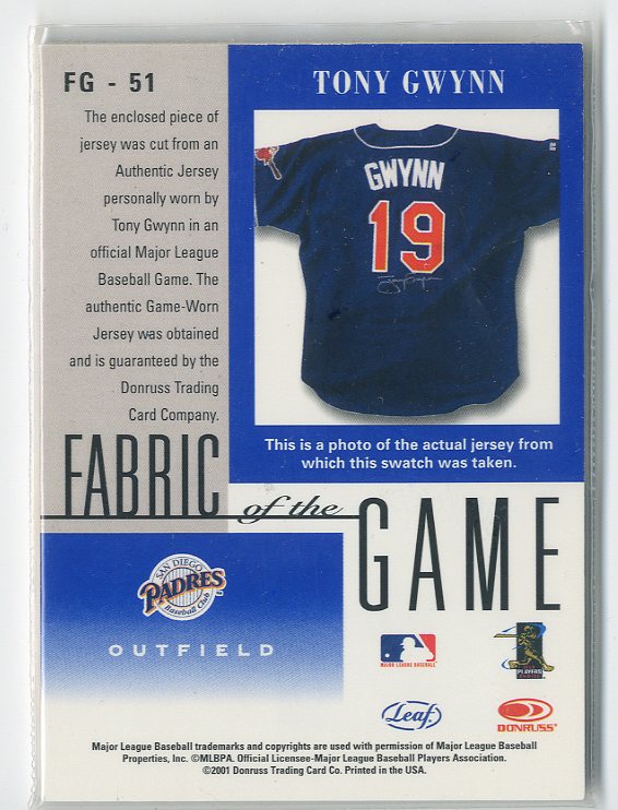 2001 Leaf Certified Materials Fabric of the Game #51BA Tony Gwynn back image