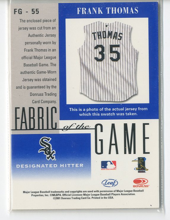 2001 Leaf Certified Materials Fabric of the Game #55BA Frank Thomas back image