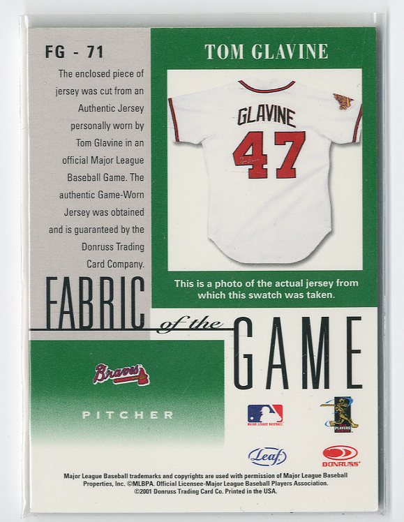 2001 Leaf Certified Materials Fabric of the Game #71BA Tom Glavine back image