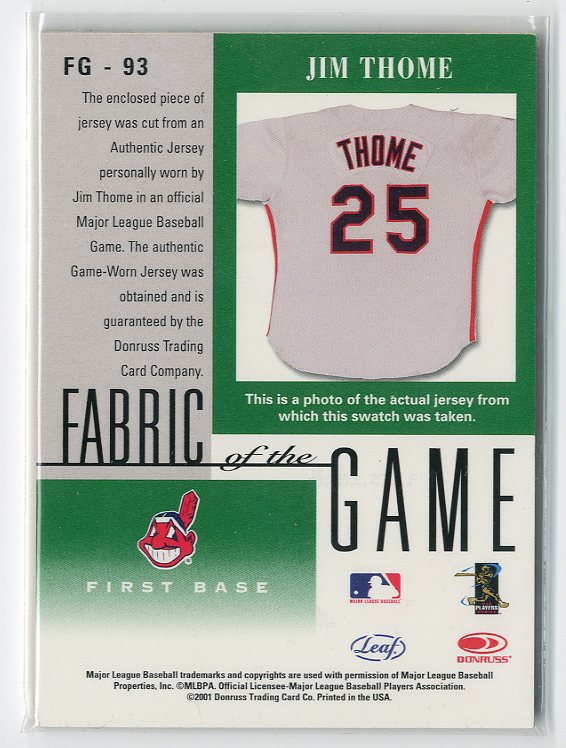 2001 Leaf Certified Materials Fabric of the Game #93BA Jim Thome back image