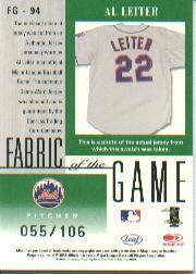 2001 Leaf Certified Materials Fabric of the Game #94CR Al Leiter/106 back image