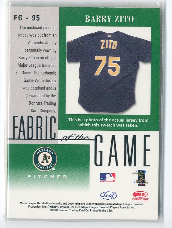 2001 Leaf Certified Materials Fabric of the Game #95BA Barry Zito back image