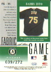 2001 Leaf Certified Materials Fabric of the Game #95CR Barry Zito/272 back image