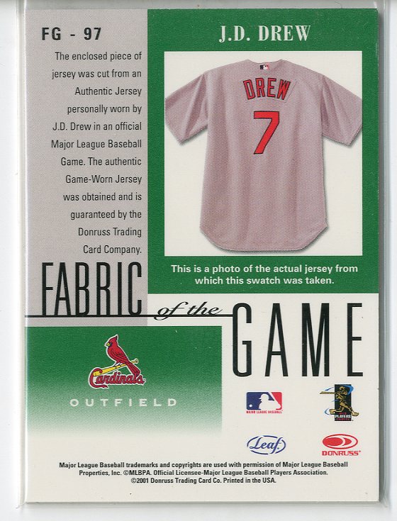 2001 Leaf Certified Materials Fabric of the Game #97BA J.D. Drew back image