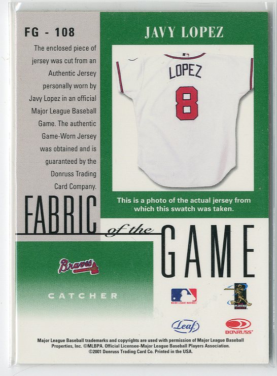 2001 Leaf Certified Materials Fabric of the Game #108BA Javy Lopez back image