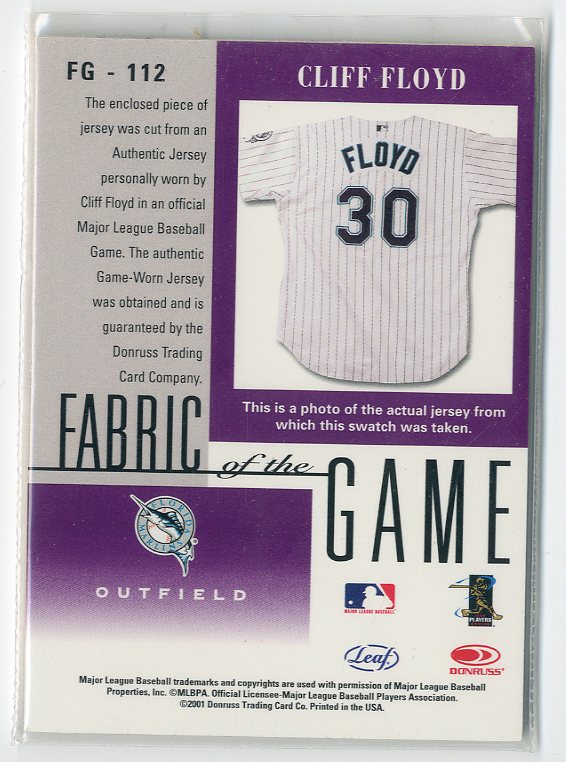 2001 Leaf Certified Materials Fabric of the Game #112BA Cliff Floyd back image