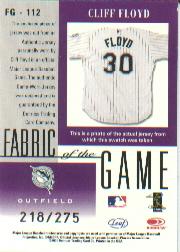2001 Leaf Certified Materials Fabric of the Game #112CR Cliff Floyd/275 back image