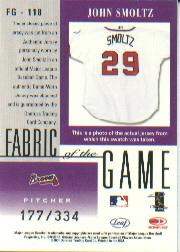 2001 Leaf Certified Materials Fabric of the Game #118CR John Smoltz/335 back image
