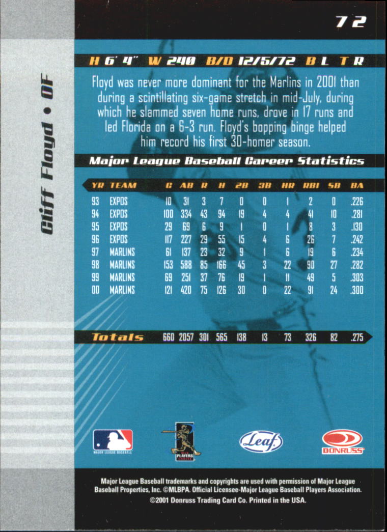 2001 Leaf Limited #72 Cliff Floyd back image