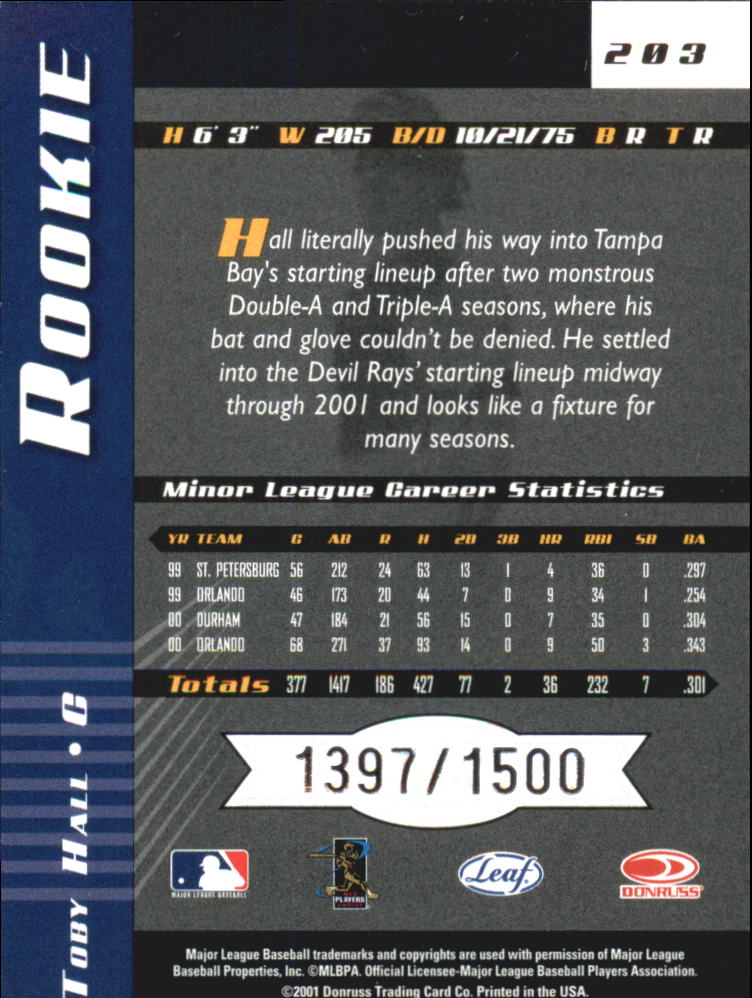 2001 Leaf Limited #203 Toby Hall back image