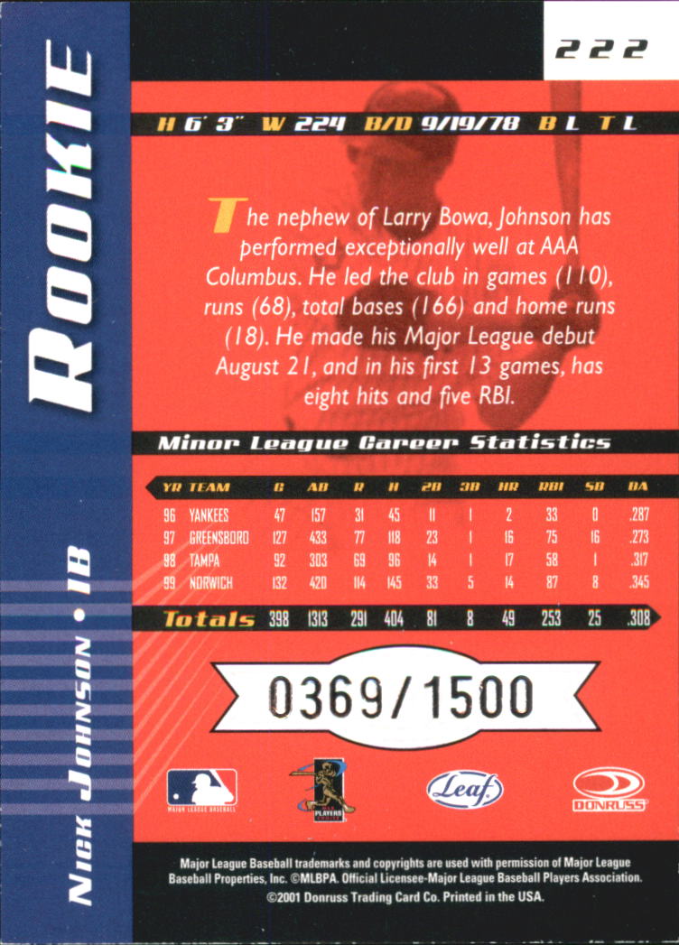 2001 Leaf Limited #222 Nick Johnson back image