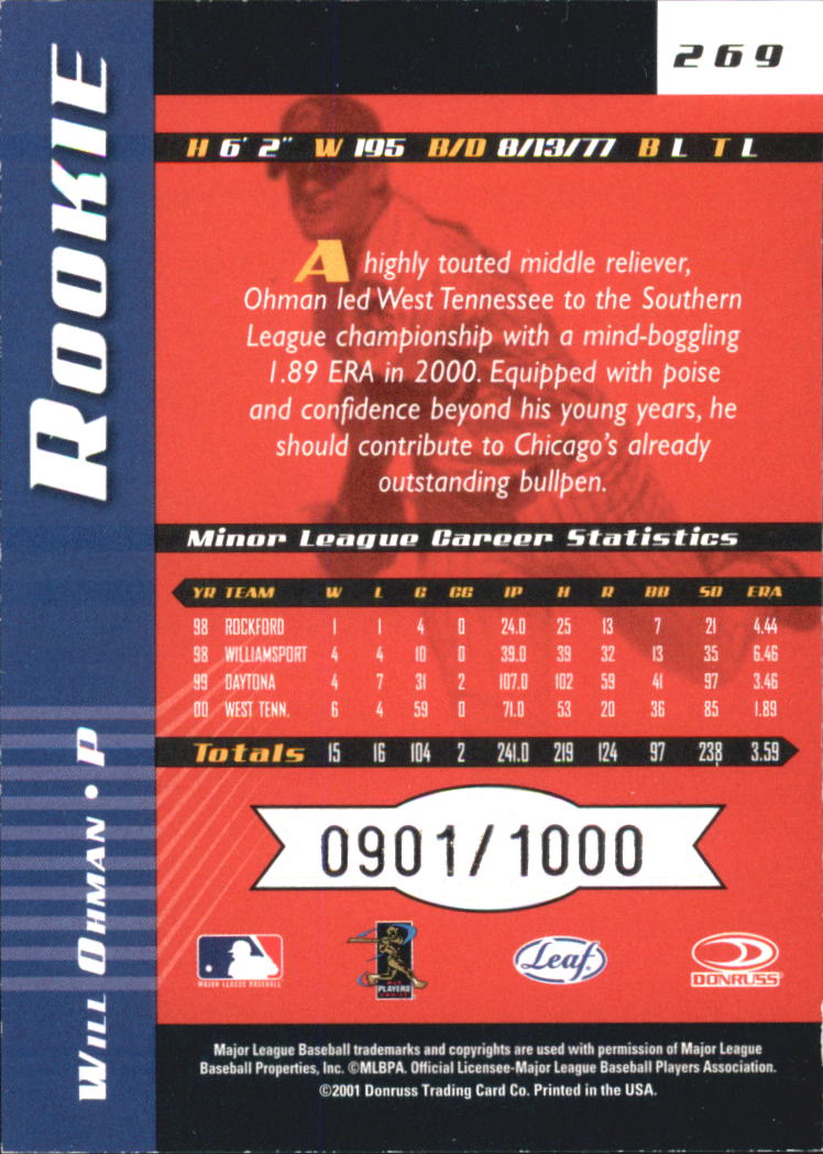 2001 Leaf Limited #269 Will Ohman RC back image