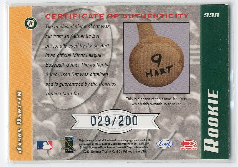 2001 Leaf Limited #338 Jason Hart Bat/200 back image