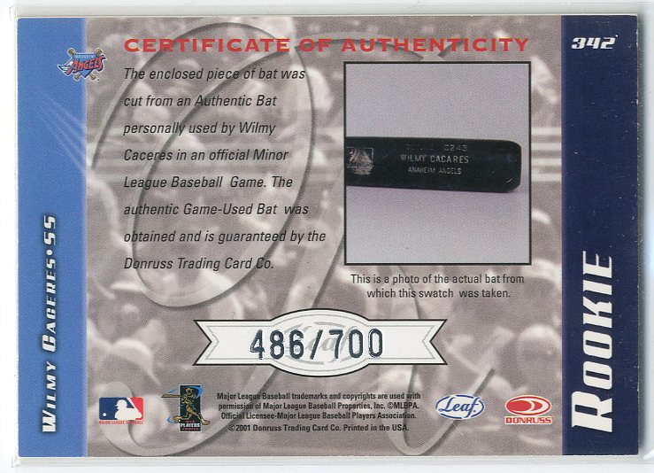 2001 Leaf Limited #342 Wilmy Caceres Bat/700 RC back image