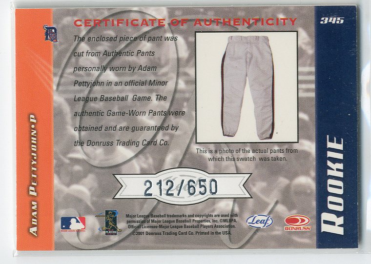 2001 Leaf Limited #345 A Pettyjohn Pants/650 RC back image