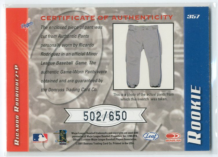 2001 Leaf Limited #357 R.Rodriguez Pants/650 RC back image