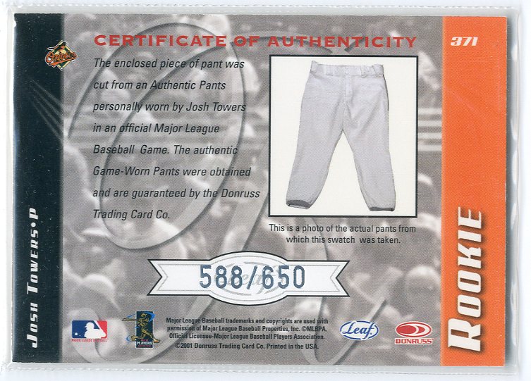 2001 Leaf Limited #371 Josh Towers Pants/650 RC back image