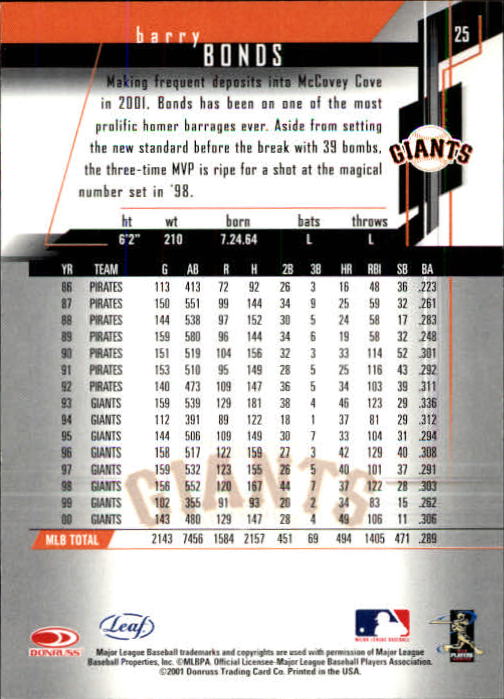 2001 Leaf Rookies and Stars #25 Barry Bonds back image