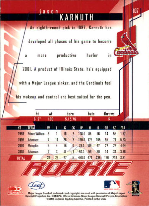 2001 Leaf Rookies and Stars #107 Jason Karnuth RC back image