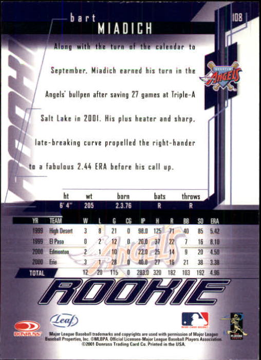 2001 Leaf Rookies and Stars #108 Bart Miadich RC back image