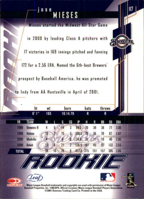 2001 Leaf Rookies and Stars #117 Jose Mieses RC back image
