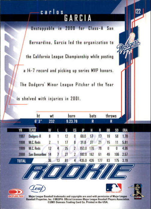 2001 Leaf Rookies and Stars #122 Carlos Garcia RC back image