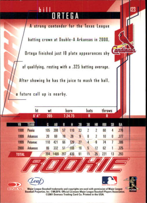 2001 Leaf Rookies and Stars #123 Bill Ortega RC back image