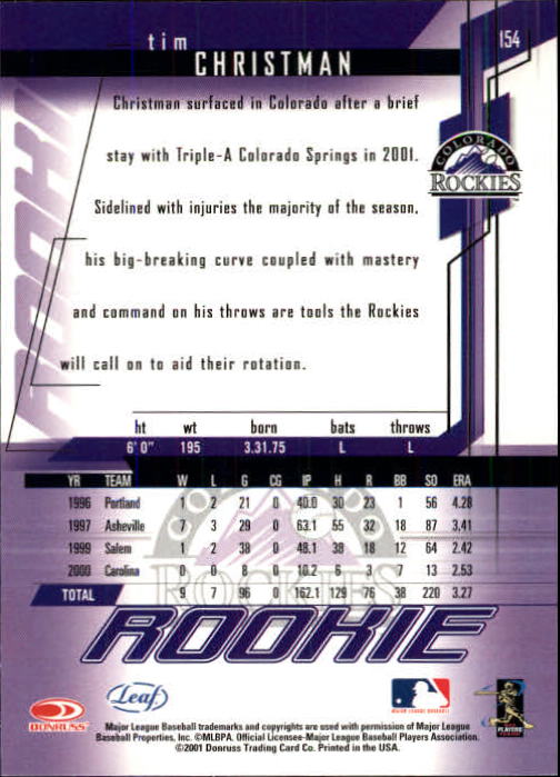 2001 Leaf Rookies and Stars #154 Tim Christman RC back image