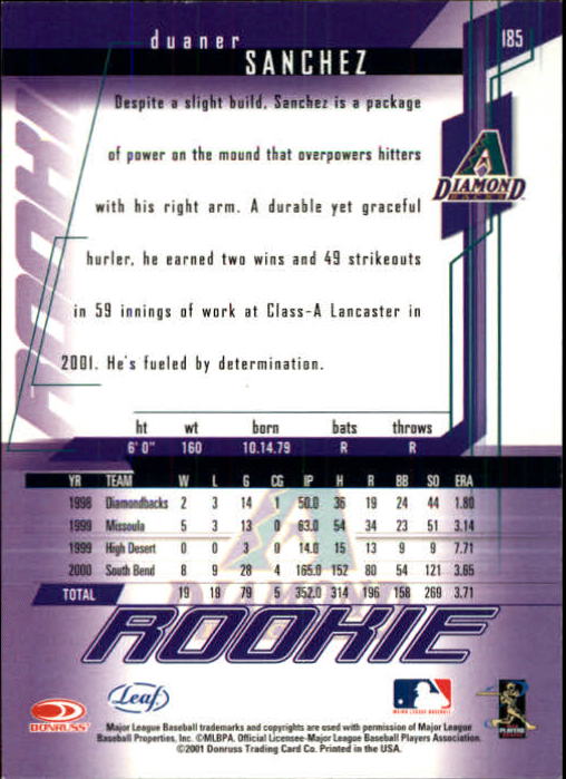 2001 Leaf Rookies and Stars #185 Duaner Sanchez RC back image