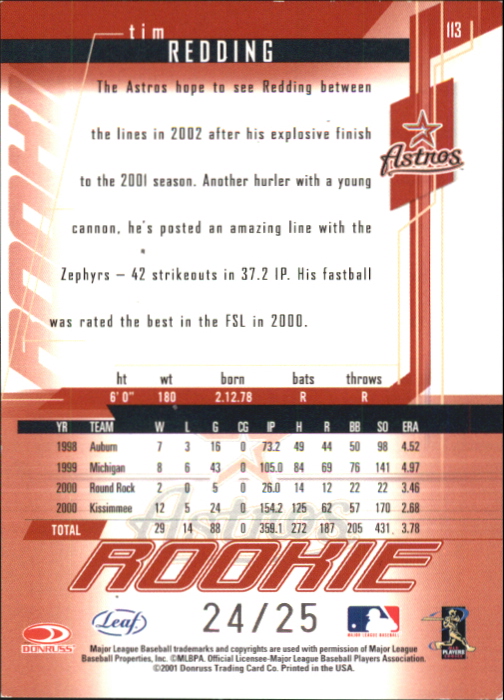 2001 Leaf Rookies and Stars Longevity #113 Tim Redding back image