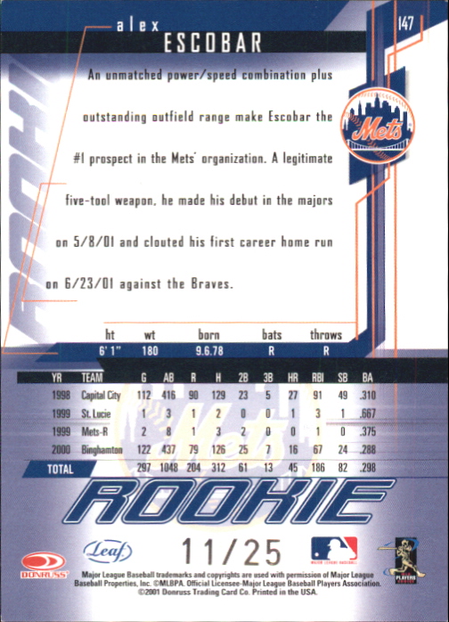 2001 Leaf Rookies and Stars Longevity #147 Alex Escobar back image