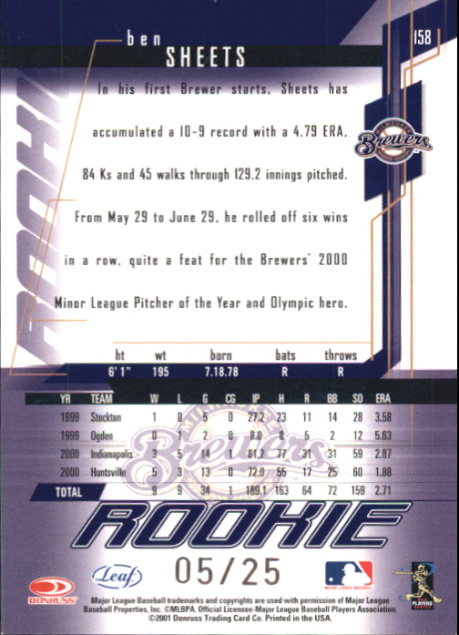 2001 Leaf Rookies and Stars Longevity #158 Ben Sheets back image