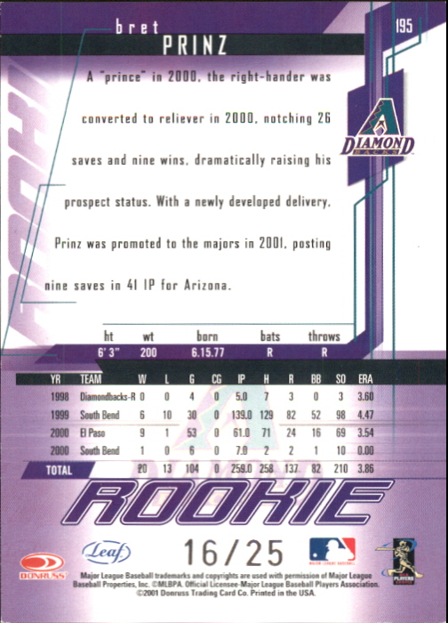 2001 Leaf Rookies and Stars Longevity #195 Bret Prinz back image