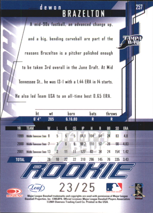 2001 Leaf Rookies and Stars Longevity #257 Dewon Brazelton back image